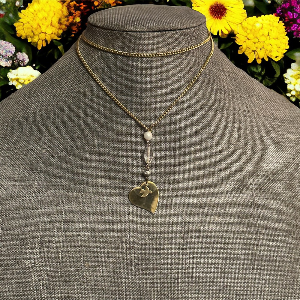 Vintage heart and dove drop pendant necklace
